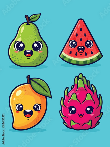 Cute Cartoon Fruits Collection Pear Watermelon Mango Dragon Fruit with Kawaii Faces.