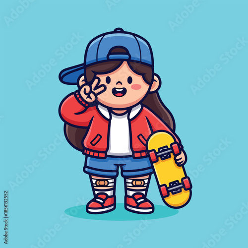 Cute cartoon girl with skateboard and backward cap making peace sign.