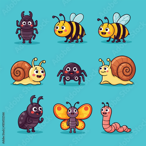 Cute cartoon insects and bugs collection beetle bees snails spider butterfly worm.