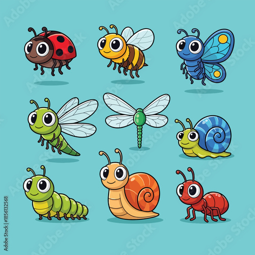 Cute cartoon insect and snail characters set.