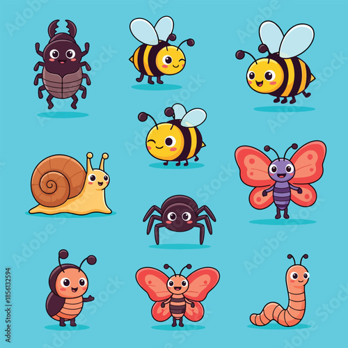 Cute Cartoon Insects and Bugs Collection with Bees Beetles Butterflies and Snail.