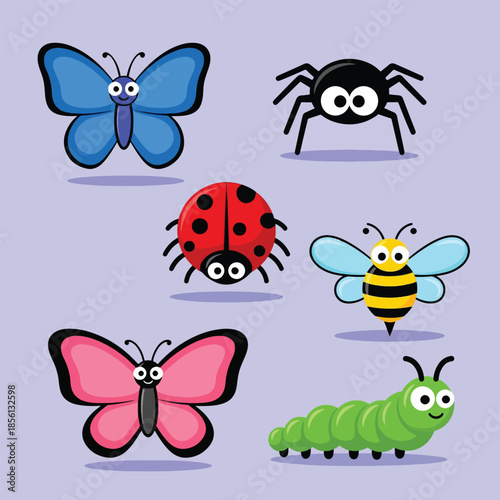 Cute cartoon insects and bugs collection with butterflies ladybug bee spider and caterpillar.