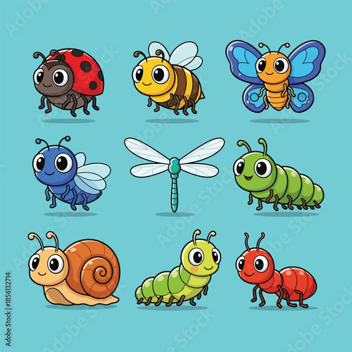 Cute colorful cartoon insects collection with big eyes and friendly expressions.