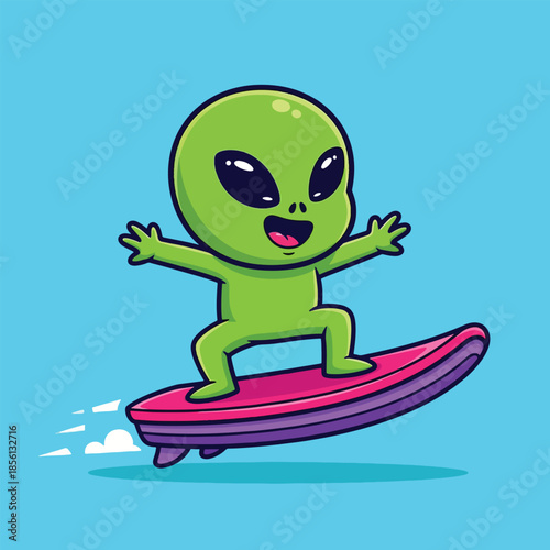 Cute Green Alien Character Happily Surfing on a Vibrant Pink Surfboard.