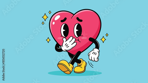 Embarrassed retro cartoon heart character covering mouth walking.