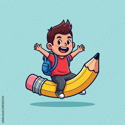 Happy cartoon boy student with backpack riding giant yellow pencil.
