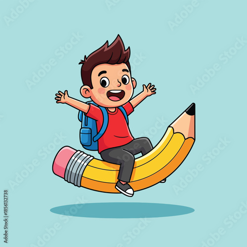 Happy cartoon boy with backpack riding a giant yellow pencil.