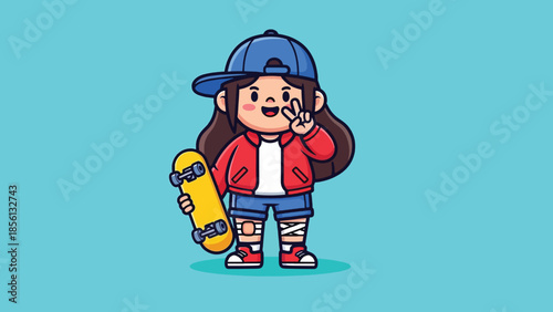 Happy cartoon girl in blue cap and red jacket holding yellow skateboard making peace sign.