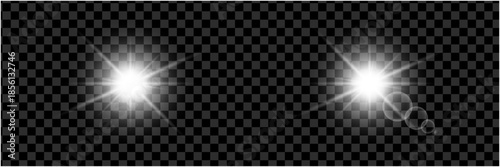 Set of multiple variants of bright white light lens flare effects, starburst and glare elements, shining intensely, vector Illustration on transparent background