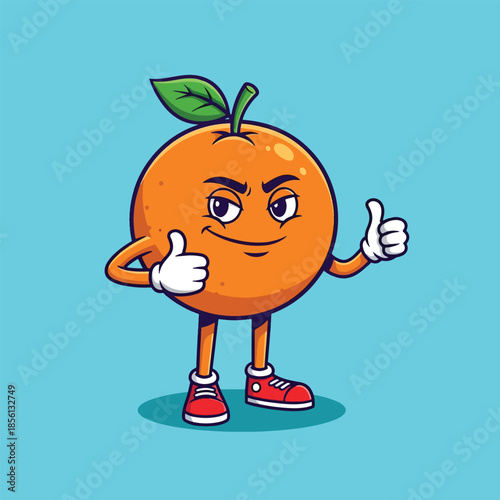 Happy cartoon orange fruit mascot giving a double thumbs up gesture.