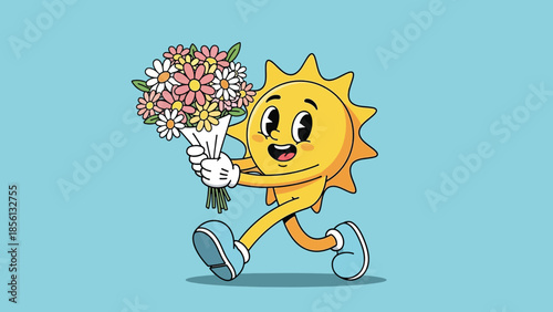Happy cartoon sun character walking with a vibrant flower bouquet.