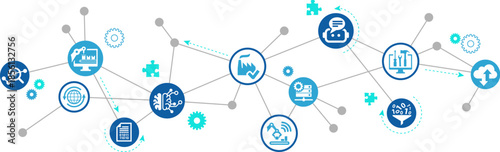 smart factory vector illustration. Concept with icons related to automation, ai in production processes, industrial control, smart technology & robotics in manufacturing, autonomous systems, iot.