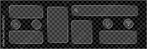 Modern glassmorphism UI elements set with translucent rectangular frames, rounded search bar, circular buttons featuring diverse icons, isolated on transparent background, ideal for sleek app design.