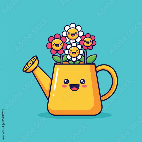 Happy cartoon yellow watering can with cute smiling flowers.