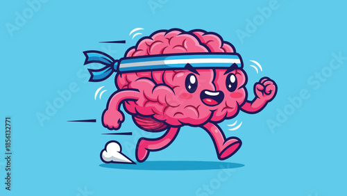 Happy pink cartoon brain running with a blue headband symbolizing mental fitness.