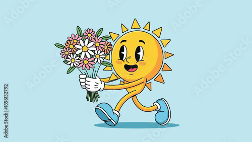 Happy retro cartoon sun character walking with a colorful bouquet of flowers.