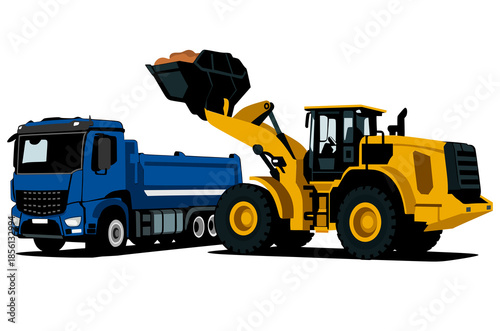 heel Loader Loading a Blue Dump Truck,Heavy Construction Machinery Illustration