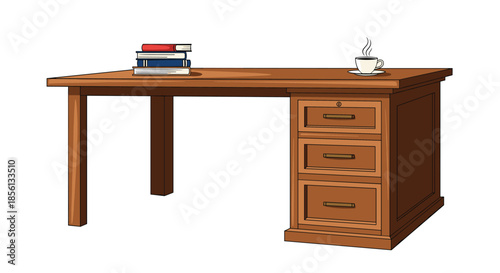 Classic wooden office desk with drawers, a stack of books, and a steaming cup of coffee on a clean white background.