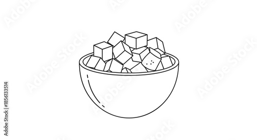 Simple black and white line drawing of a white bowl filled with numerous sugar cubes on a plain white background.