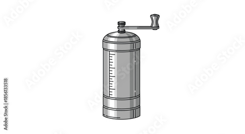 Metallic hand coffee grinder with a manual crank and measurement scale on the side in a clean and precise vector style.