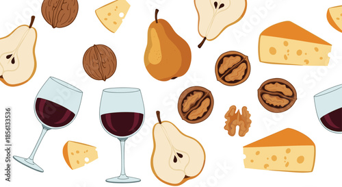 Gourmet background pattern featuring whole and sliced pears with crunchy walnuts, red wine glasses, and wedges of tasty cheese on white.