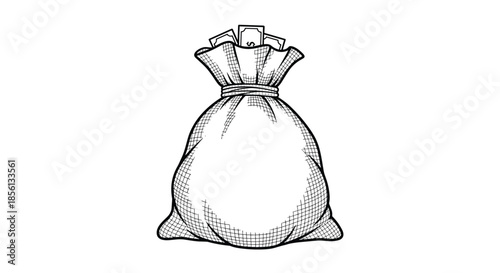Vintage style woodcut illustration of a large burlap sack filled with cash and dollar bills represents wealth and financial success.
