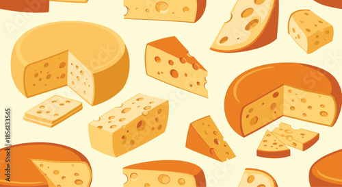 Seamless pattern of various yellow swiss cheese wheels and wedges with characteristic holes creates a fun dairy themed background for food design.