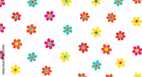 Playful and bright seamless pattern of simple multicolored daisy flowers on a white background creates a cheerful and energetic floral design.