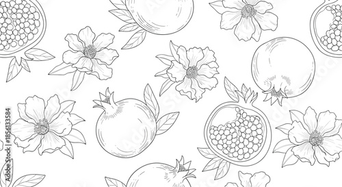Intricate black and white seamless pattern of whole and cut pomegranates with large blossoms and leaves in a traditional botanical style.