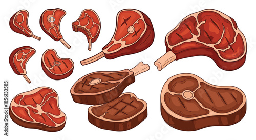 Comprehensive collection of various raw and grilled meat cuts including lamb chops and beef steaks for a butcher shop or steakhouse menu.