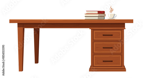 Simple wooden office desk with a stack of books and a steaming cup of coffee provides a quiet and productive workspace for study.