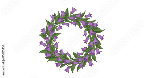 Beautiful circular wreath composed of vibrant purple bellflowers and lush green leaves is isolated on a white background for floral designs.