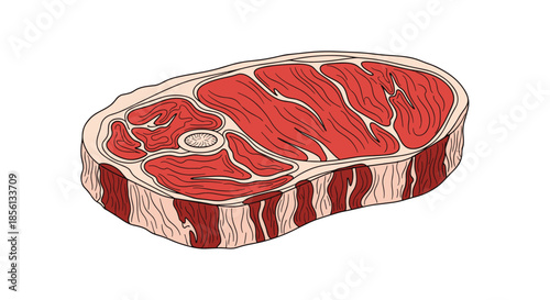 Large raw beef steak with marbleized fat and bone shown in a detailed hand drawn illustration style on a plain white background.