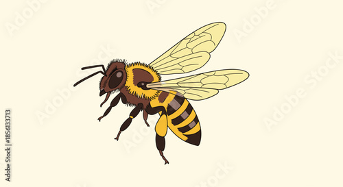 Detailed honey bee illustration with yellow and black stripes and translucent wings shown from a side profile on light background.