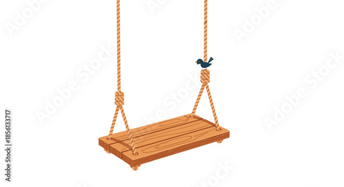 Simple wooden board swing hanging from ropes with a tiny blue bird perched on one of the knots against a white background.