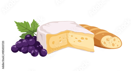 Gourmet food arrangement featuring a large wedge of soft brie cheese accompanied by purple grapes and a crusty french baguette.