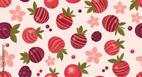 Vibrant seamless pattern depicting various stylized berries and pink blossoms on a light peach background in a flat design style.
