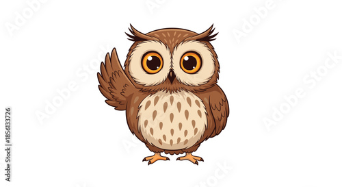 Adorable cartoon owl with large golden eyes and brown feathers waving one of its wings in a friendly greeting on a white background.