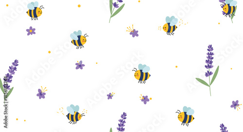 Charming seamless pattern featuring happy little honey bees flying among sprigs of purple lavender on a clean white background.