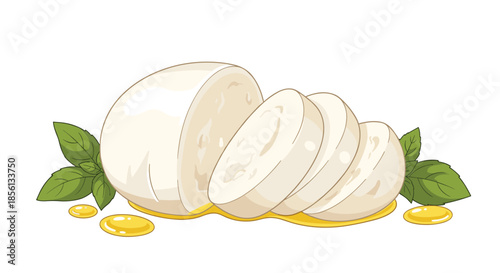 Fresh mozzarella cheese log sliced into rounds with green basil leaves and golden drops of olive oil on a white background.