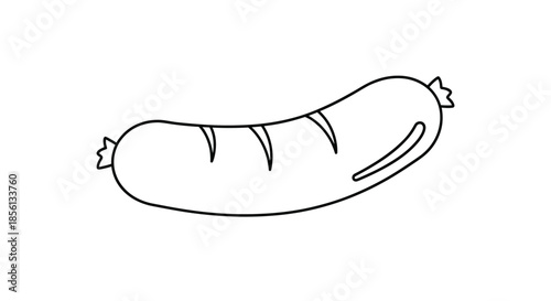 Simple black and white line art drawing of a single grilled sausage with marks on a plain white background for food themes.