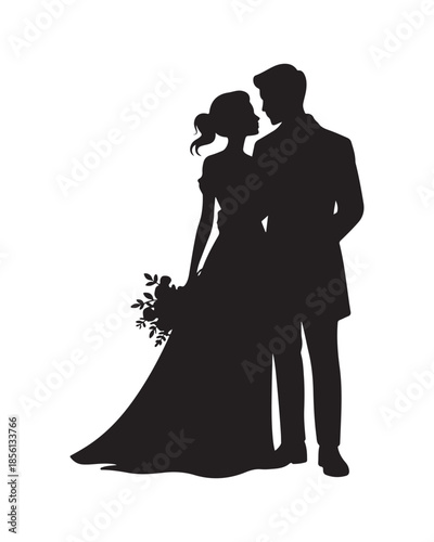 Elegant black silhouette of a bride and groom standing together on their wedding day with a bouquet