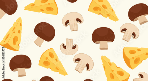 Savory seamless pattern featuring wedges of yellow cheese and whole and sliced brown mushrooms on a light cream background.