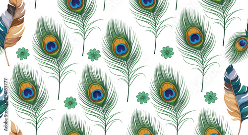 Elegant seamless pattern with beautiful peacock feathers and small green flowers on a clean white background for decorative designs.