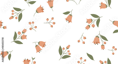 Delicate seamless pattern with clusters of small peach colored bellflowers and berry sprigs on a clean white background.