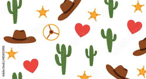 Western themed seamless pattern featuring cowboy hats, cacti, sheriff stars, and red hearts on white background.