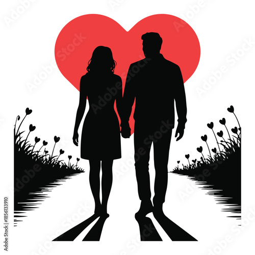 Loving couple silhouette walks hand in hand down a romantic path under a big red heart