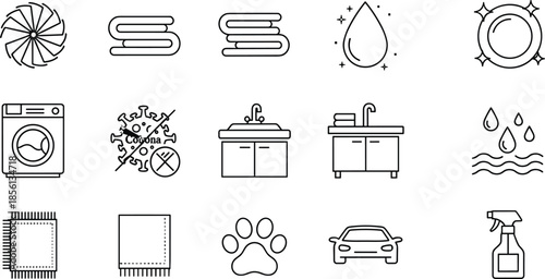 Cleaning laundry and hygiene outline icons set isolated on white background washing sanitation water care vector illustration