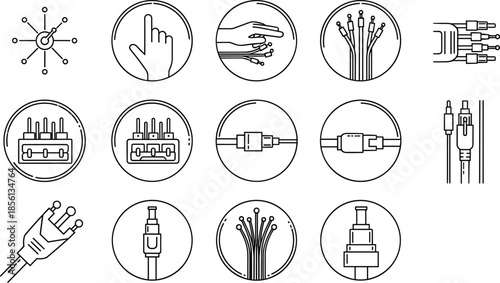 Electrical cables connectors and wiring outline icons set isolated on white background technology connection network vector illustration