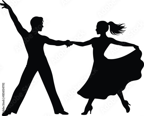 Elegant couple dancing ballroom tango holding hands isolated on white background romantic movement silhouette vector illustration design